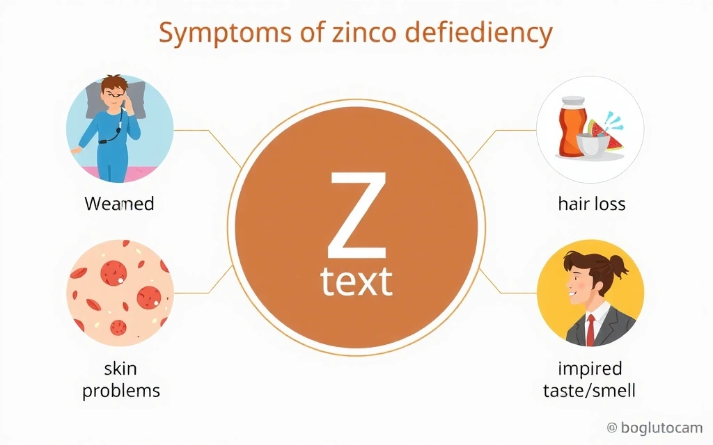 Infografika przedstawiająca objawy niedoboru cynku, takie jak osłabiony układ odpornościowy, problemy ze skórą i włosami