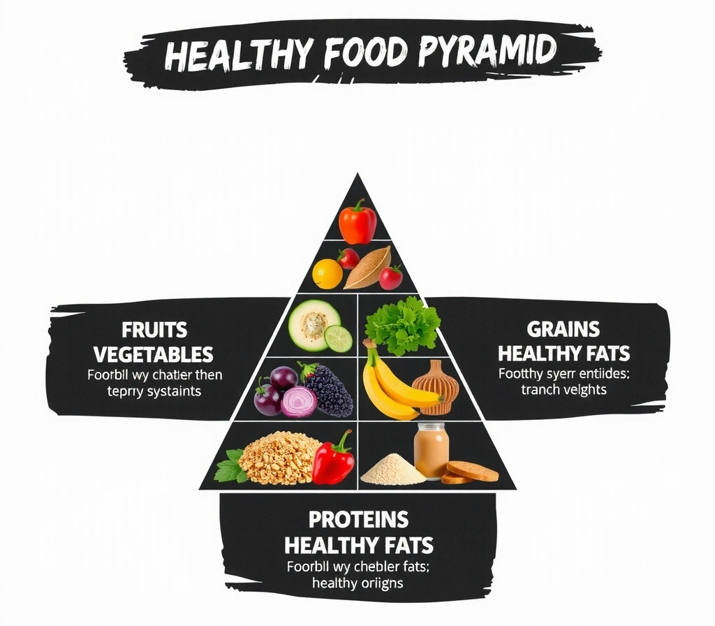 Grafika przedstawiająca piramidę zdrowego żywienia z różnymi grupami produktów.