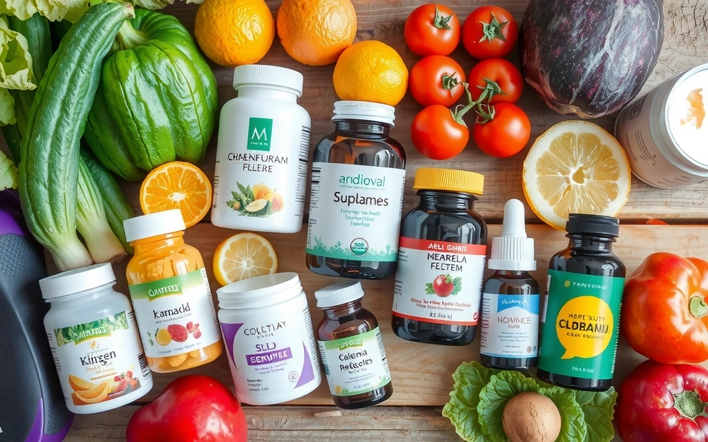 Różne butelki z suplementami diety i ziołami, ułożone na drewnianym stole obok świeżych owoców i warzyw.