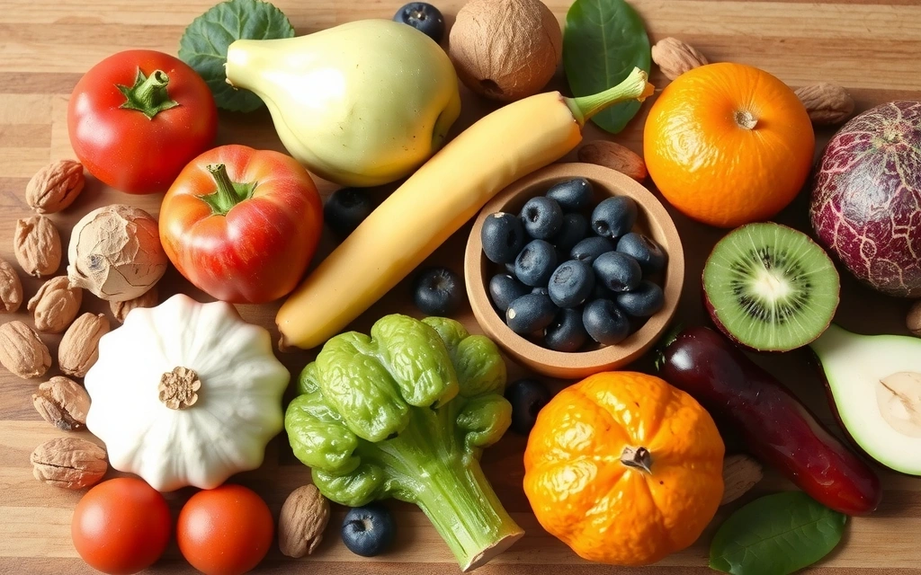 Różnorodne, świeże owoce, warzywa, orzechy i nasiona ułożone w estetyczną kompozycję symbolizującą zdrową dietę.