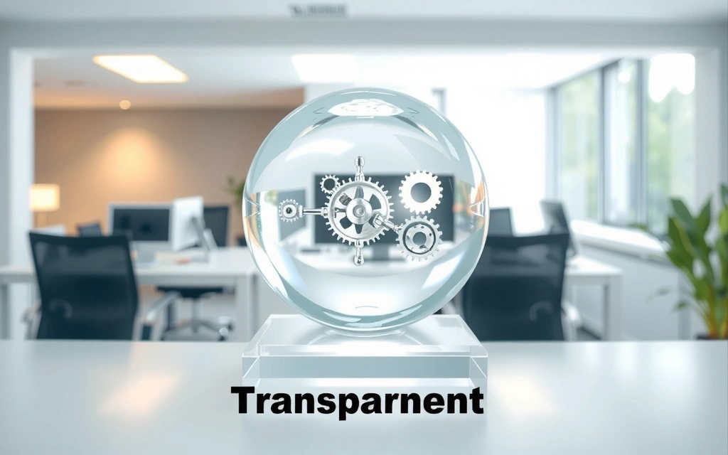 Ilustracja symbolizująca transparentność i otwartość, przedstawiająca szklany sześcian z widocznymi trybami w środku, na tle rozmytego, nowoczesnego biura.