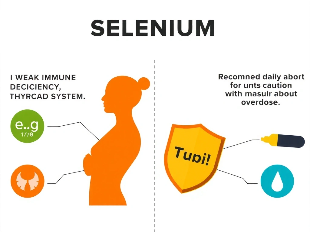 Infografika przedstawiająca objawy niedoboru selenu i zalecane dawki, z ikonami symbolizującymi tarczycę i odporność.