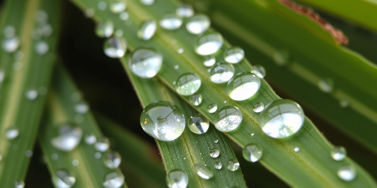 Zdjęcie przedstawiające krople wody na liściach, symbolizujące nawodnienie i minerały.