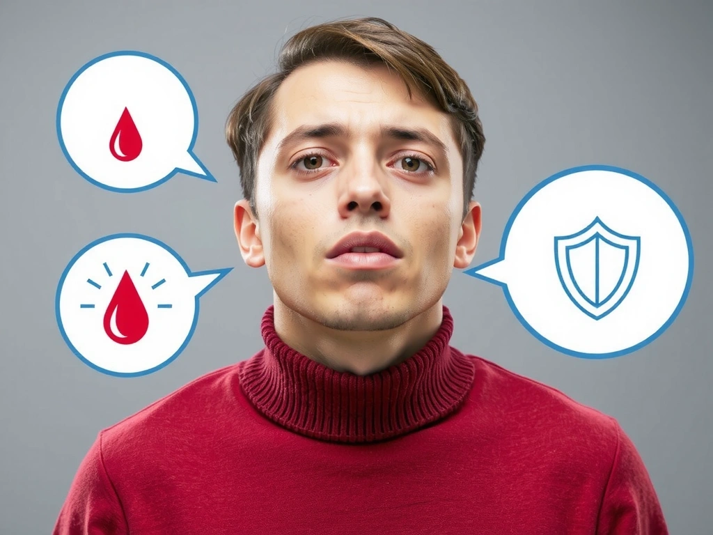 Osoba odczuwająca zmęczenie i osłabienie, z subtelnymi symbolami reprezentującymi krwawiące dziąsła i spowolnione gojenie ran. Stylizowana infografika.