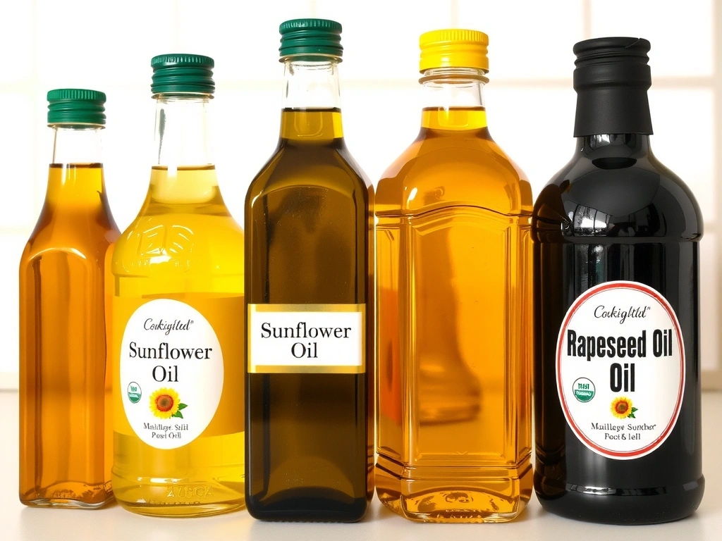 Butelki z olejami roślinnymi, takimi jak słonecznikowy i rzepakowy