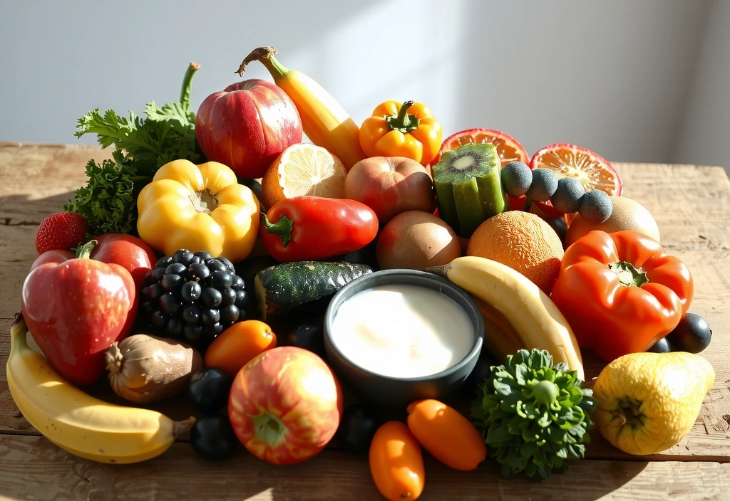 Różnorodne warzywa i owoce bogate w witaminy, ułożone w estetyczną kompozycję na drewnianym stole, symbolizujące zdrową dietę.